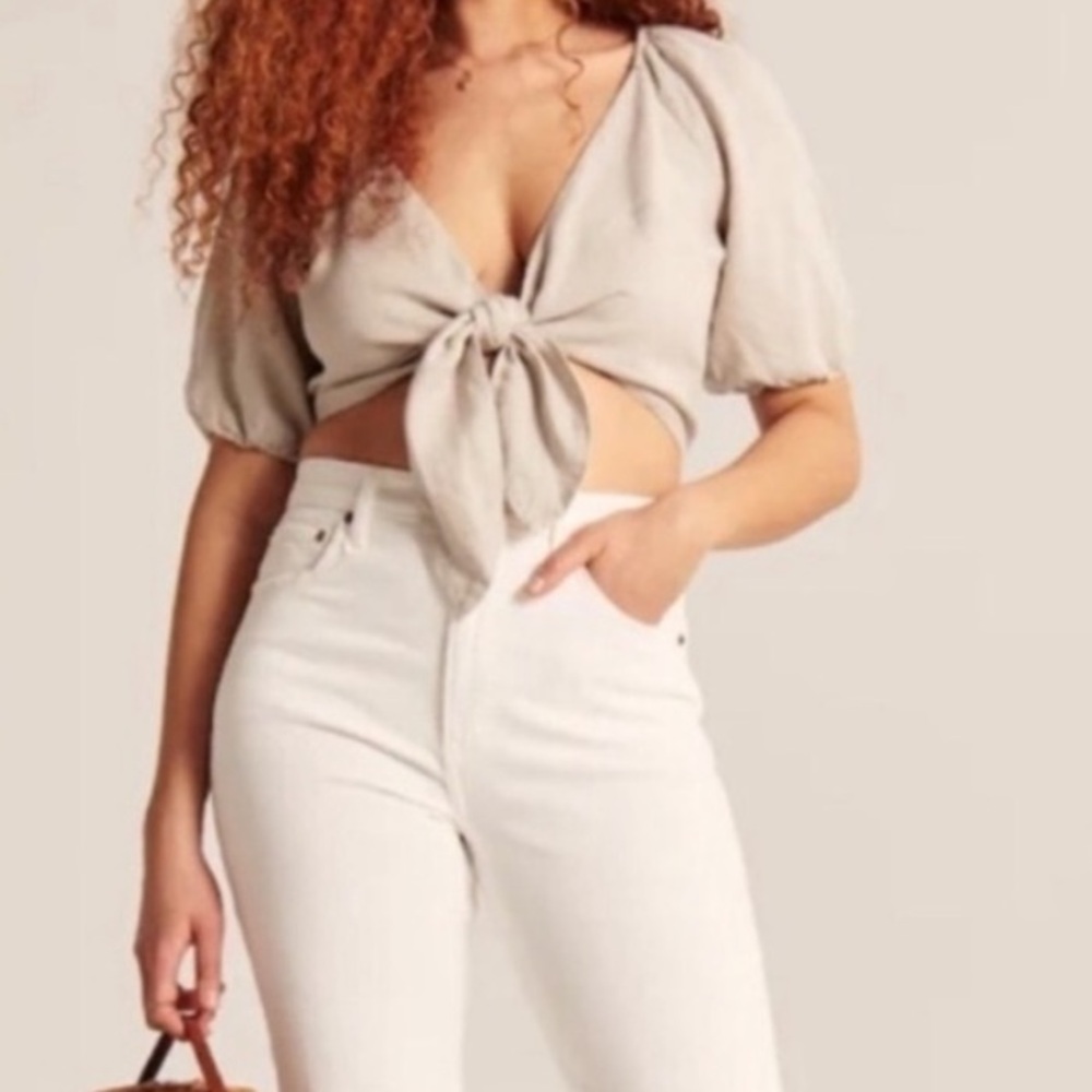 Abercrombie wrap shirt puff sleeves cropped size small tan linen